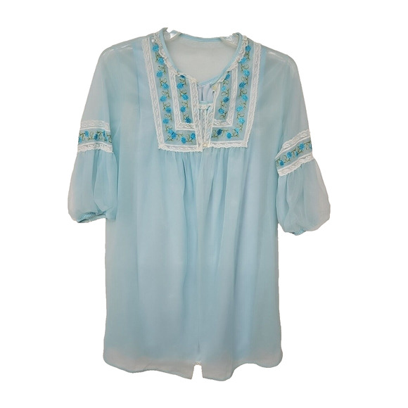 Vintage Nightgown Set SIZE SMALL Babydoll Blue sheer Tricot nylon Embroidered